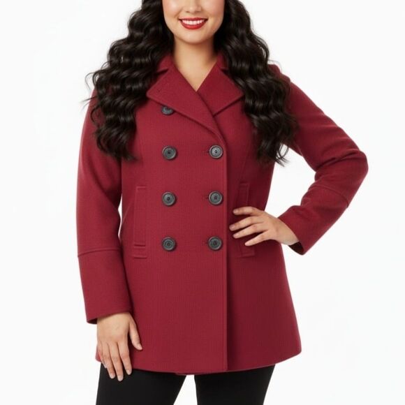 Merona Maroon Red Wool Double-Breasted Lined Winter Blazer Pea Coat Pockets Sz M - Picture 1 of 10